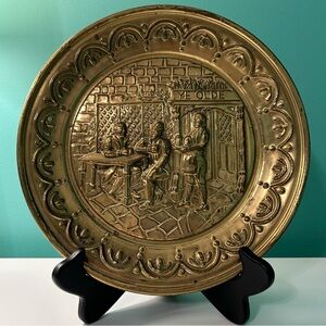 Vintage Embossed Brass Plate Wall Plaque "Ye Olde" Tavern Scene Made in England